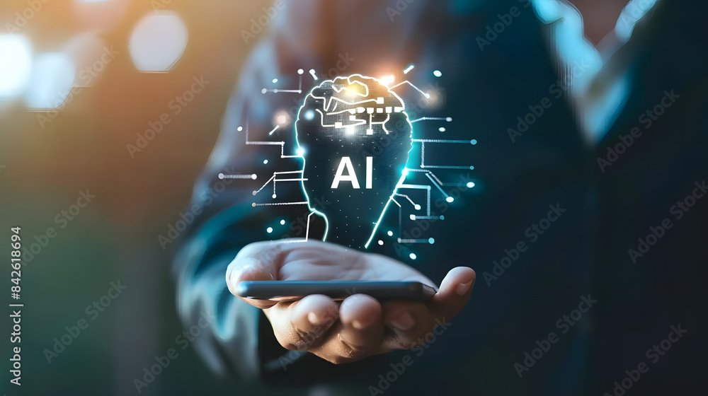Poster an individual holding an ai intelligent technology device with the letters ai floating above it
