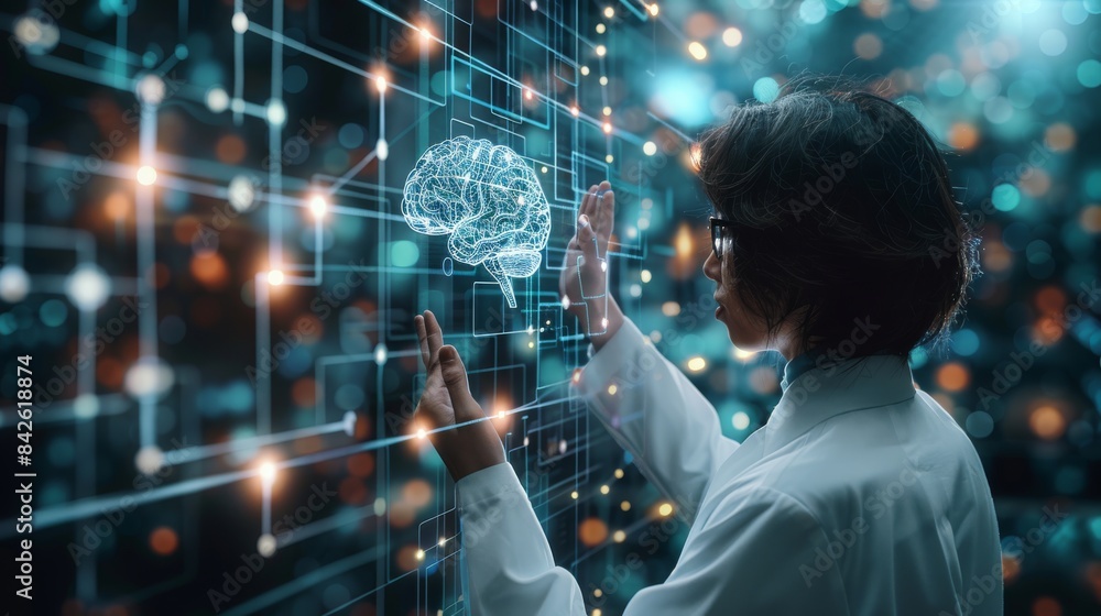 Poster a human-like figure representing a teacher or instructor showing a digital brain representing an ai 
