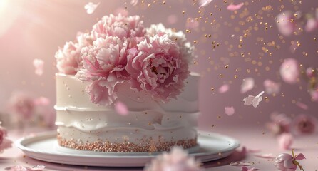 White Cake Topped With Pink Peonies and Confetti Falling