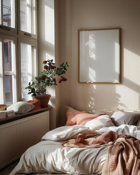 40 x 50cm, 16 x 20 inch wood frame mockup in a cosy light filled bedroom with messy bed, plant filled, with pink beige cushions and pillows