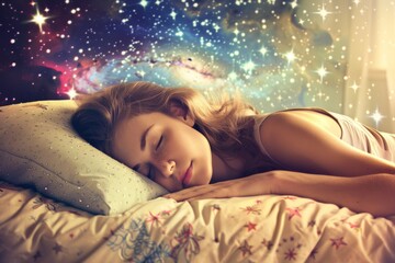 Dreamy night slumber under starry sky for peaceful young white adult