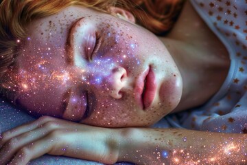 Dreamy portrait of a young Caucasian woman with cosmic makeup