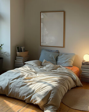 50 x 70cm, 20 x 28 inches, wood frame mockup in a neutral messy bedroom with dark moody lighting, books, plants and round side lamp