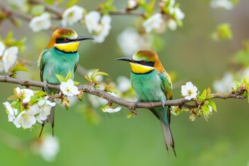 Two vibrant bee-eaters on a blossoming branch in spring