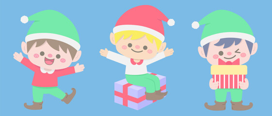 Kids hand drawn cute christmas elf with gift characters