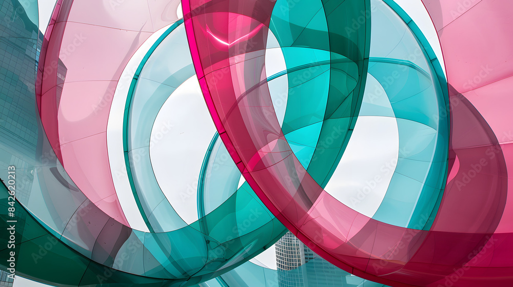 Poster an up-close perspective of a geometric installation constructed from overlapping circles. exhibited 