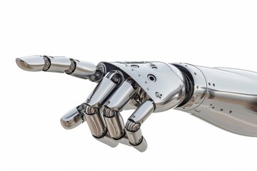 3d render of silver robot hand pointing down on white background, high resolution, high quality, high detail, high definition, hyper realistic, sharp focus, no blur, no bokeh effects, studio lighting,