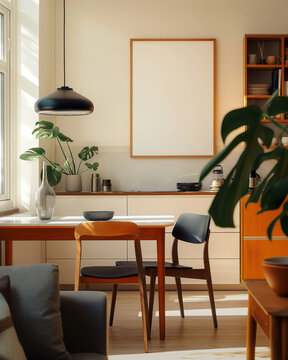 50 x 70cm, 20 x 28 inch wood frame mockup in warm cosy plant filled kitchen, with wood dining table and large window
