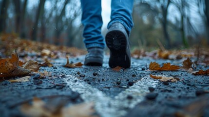 Person's feet walking on a path with white arrow and fallen autumn leaves - Powered by Adobe