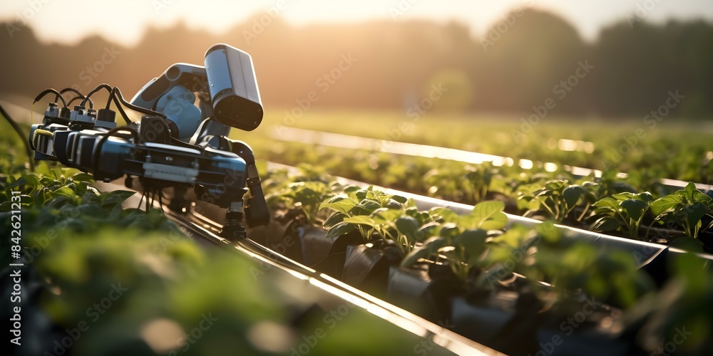 Poster utilizing ai iot and robots in modern agriculture enhances productivity and efficiency. concept agri