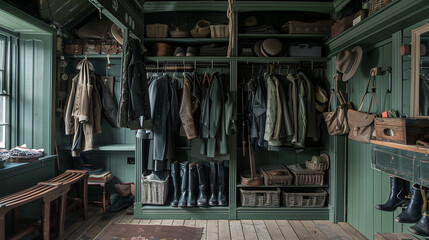 Earthy green cottage dressing room decor, interior design and country house home decor, boot room or walk-in wardrobe furniture, English countryside style interiors 