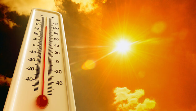 Heat, thermometer shows the temperature is hot in the sky, Summer