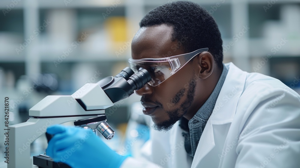 Aufkleber a thoughtful african american male scientist, wearing a lab coat and safety goggles, working with a 