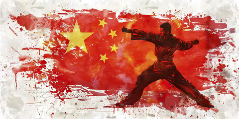 The Chinese Flag with a Kung Fu Master and a Financial Trader - Visualize the Chinese flag with a kung fu master representing martial arts and a financial trader symbolizing China's economic growth