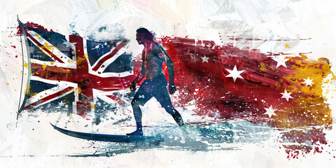 Naklejka premium The Australian Flag with an Aboriginal Elder and a Surfer - Imagine the Australian flag with an Aboriginal elder representing indigenous culture and a surfer symbolizing Australia's coastal