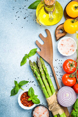 Cooking banner. Background with spices and vegetables. Top view. Free space for your text.