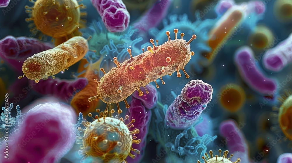 Poster A Magnified view of bacteria and virus particles. Generative AI.