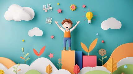 paper craft illustration, cheerful business kid,  stand on financial growth chart, future dream financial skill concept