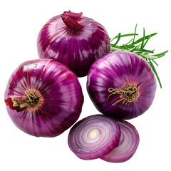 A bunch red onion bulb with its dry purple skin, isolated on a white background