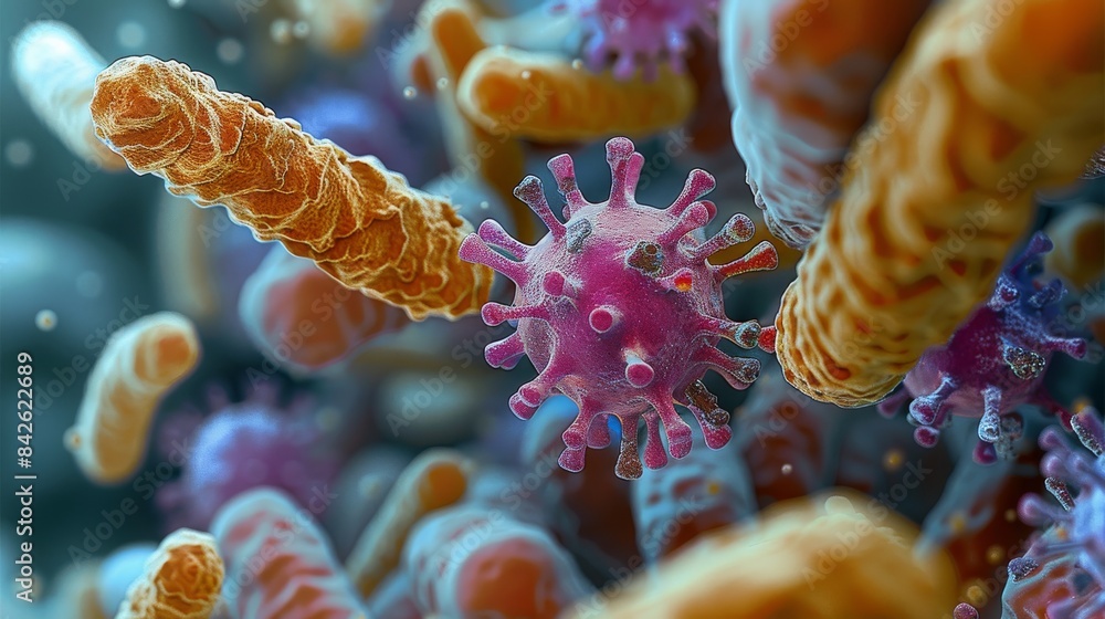 Poster A Magnified view of bacteria and virus particles. Generative AI.