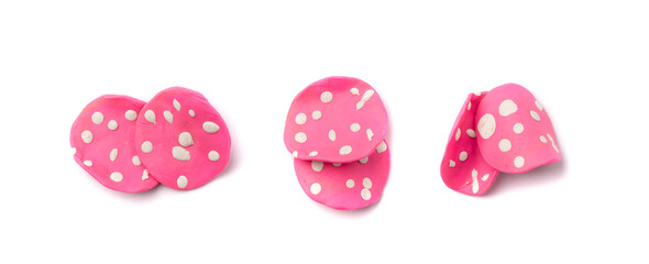 Plasticine salami isolated, sausage slices, modeling clay sliced chorizo, clay dough sausages thin pieces