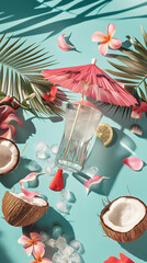 Tropical Cocktail Dreamscape. Beach, sea, cocktails, umbrellas.