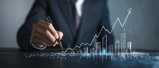 businessman hand  drawing a graph with pen, doodle graph upward trend, business and financial concept