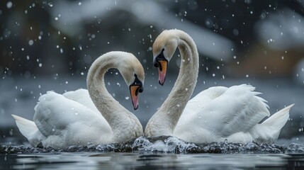 Two swans gracefully spinning on the water with their heads bowed together in a loving embrace.
