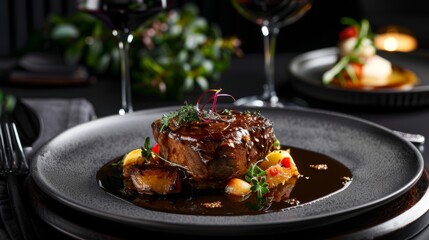 Gourmet Beef Dish in Elegant Restaurant Setting
