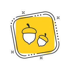 Cartoon acorn icon vector illustration. Oak on isolated yellow square background. Nut tree sign concept.