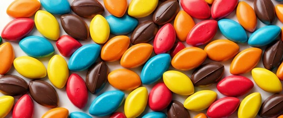 A vibrant assortment of colorful candies is scattered randomly across a white surface. The candies come in various shapes and colors, creating a playful and cheerful scene.
