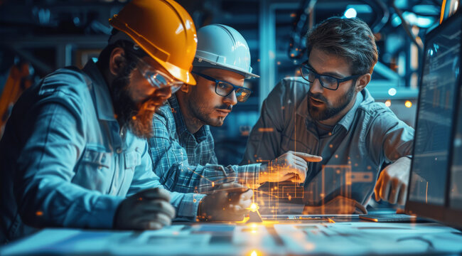 A group of programers are looking at blueprints on a worktable, and another is pointing towards the construction work made of programming code. Programming elements are visible. Generative AI.