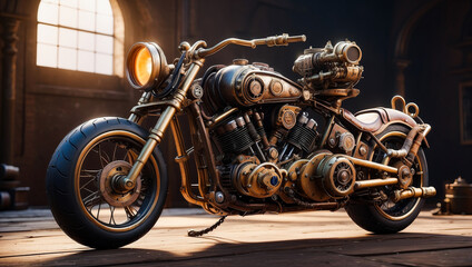 A custom motorcycle in an authentic creative workshop. Motorcycle in vintage steampunk style
