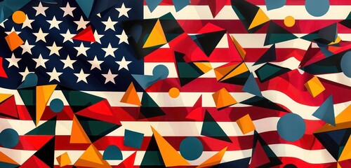 Abstract American flag design with geometric shapes like triangles, circles, and squares, arranged in a modern pattern with vibrant colors.