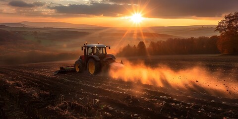 Sunset tractor plowing a field. Concept Farming, Agriculture, Sunset, Tractor, Plowing