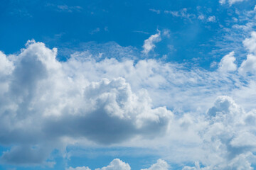 Blue Sky with White Clouds, Sunny Cloudy Sky Texture Background, Fluffy Clouds Pattern, Sunny Cumulus