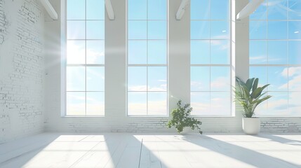 Fototapeta premium proffessional interior photography, White Loft Wall with high window with sunny blue, tourquise sky outside, feminine, soft, white, bright 