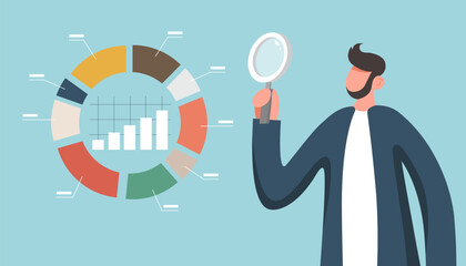 Profit share in business or investment, company shareholder owns part of assets, concept of market distribution or competition, analysis of income and expenses, businessman analyzes economic data.