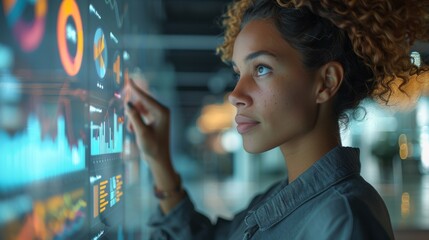 A digital marketing strategist in a chic, modern agency. The strategist is engaged with an interactive wall display showing consumer trends and digital campaign metrics. Generative AI.