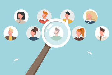 Reorganization or allocate resources, change team structure for efficiency, restructure organization, job roles concept, searching and hiring new candidates, large magnifying glass shows at candidate.