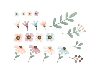 Watercolor set of different types of flowers and branches in soft pastel colors. The collection is perfect for any design and production. Image JPG 300 dpi.