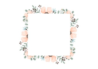 Watercolor illustration of a floral, square wreath in pastel soft colors. Perfect for any design and production. Image JPG 300 dpi.