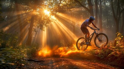 Obraz premium Adventurous mountain biker leaping high in the misty and serene forest landscape