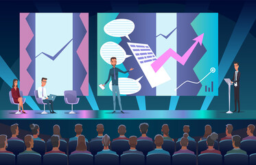 Business seminar speaker doing presentation and professional training about marketing, sales and e-commerce. Flat illustration of presentation conference and motivation for business audience