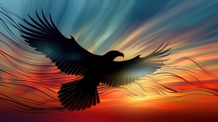 Abstract eagle silhouette with graceful, flowing lines extending from its wings, symbolizing liberty and power, set against a colorful, sunset backdrop.