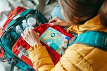 Woman packing first aid kit and medications into travel backpack. Essentials for trip safety and health