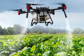 An industrial drone on green field and sprays useful pesticides to increase productivity and...