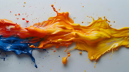 Bold and expressive paint splashes, dynamically contrasting against a minimalist white surface, showcasing vibrant creativity