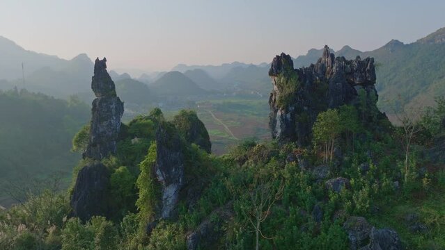 Afternoon Drone Shot of Ha Giang's Majestic Mountains in North Vietnam