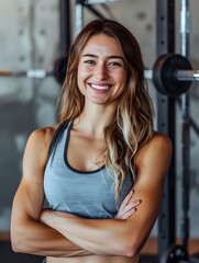 Obraz premium American Female Personal Trainer Smiling with Gym Background